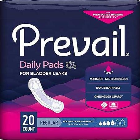 Prevail Incontinence Bladder Control Pads for Women, Moderate Absorbency, Regular Length, 20 count