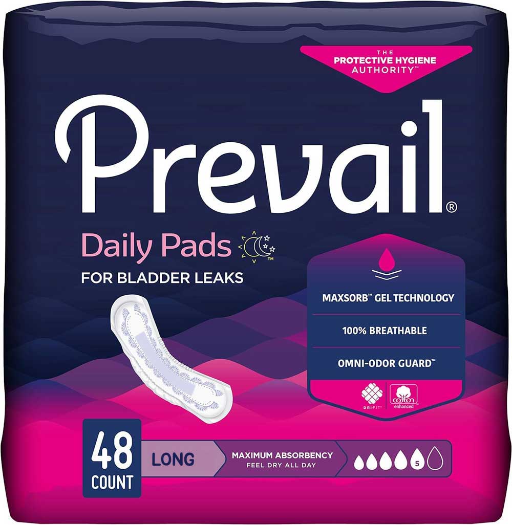 Prevail Incontinence Bladder Control Pads for Women, Maximum Absorbency, Long Length, 48 count