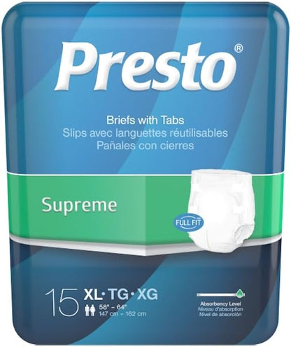 Presto Supreme Unisex Briefs with Tabs, X-Large, 59"-64" Waist, Yellow, 60 Count (4 Bags of 15)